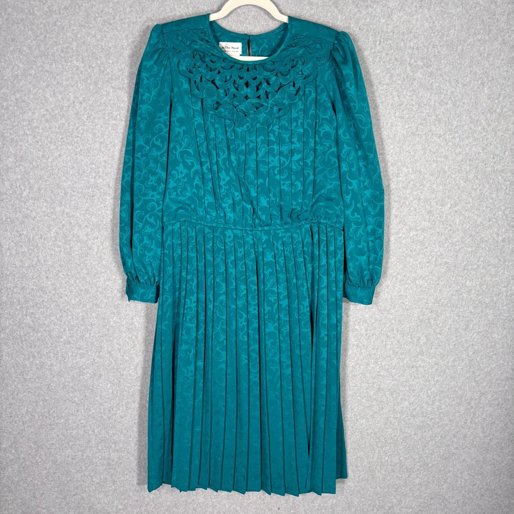 Vintage 90s 80s Pleated Midi Dress 12 Teal Satin Damask Cutout Neck‎ Secretary